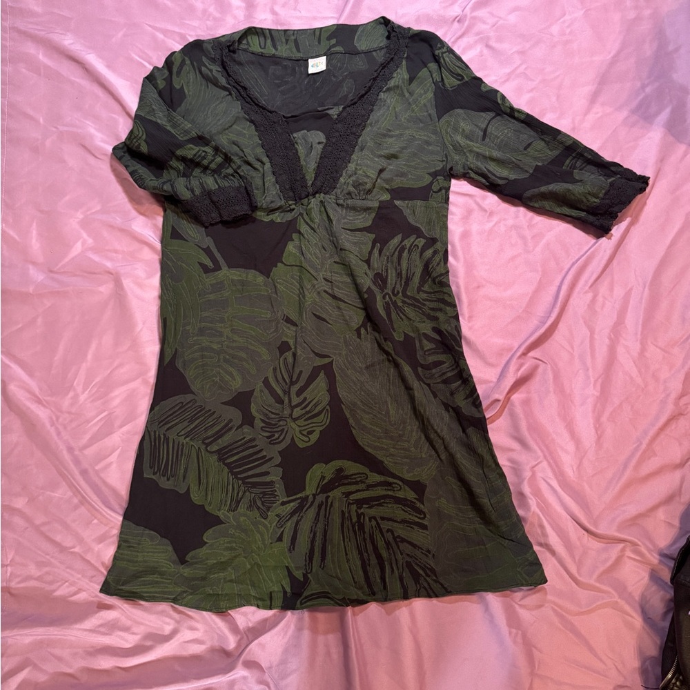 Icantoo Green and Black Leaf Print Dress, L